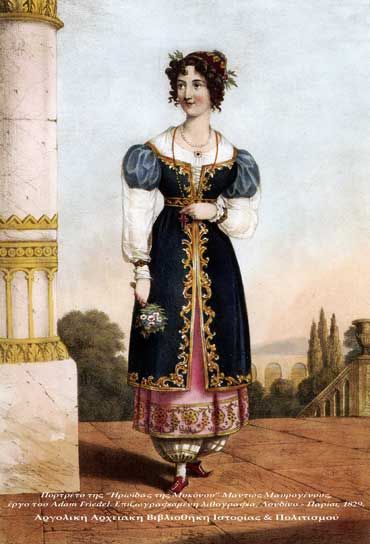 Μαντώ Μαυρογένους, έργο του Adam Friedel. Επιζωγραφισμένη λιθογραφία, Λονδίνο - Παρίσι, 1829